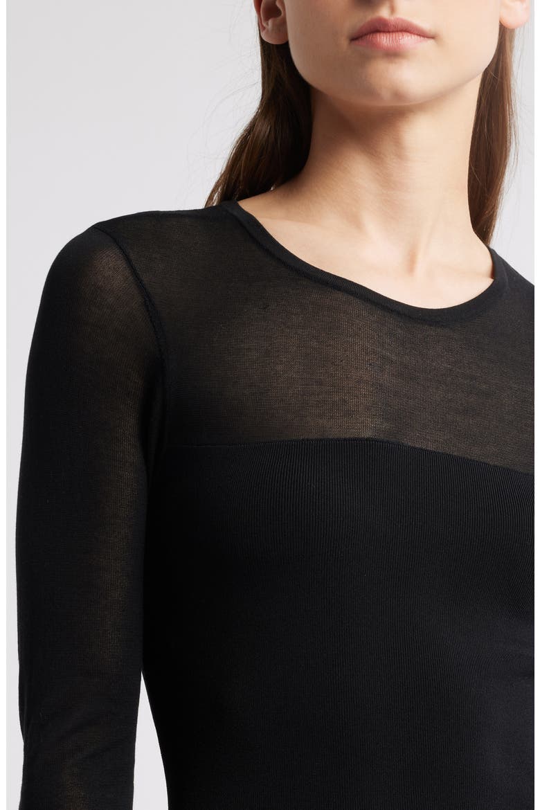 Luz Sheer Yoke & Long Sleeve Midi Dress, Alternate, color, BLACK