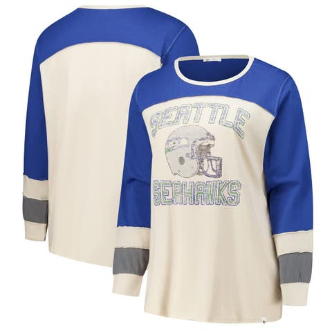 Women's '47 Cream/Royal Seattle Seahawks Plus Size Double Header Curve Toni Long Sleeve T-Shirt