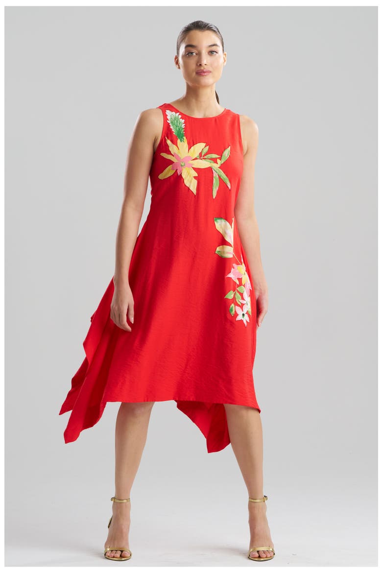Solid Fluid Twill Hankerchief Hem Dress with Embellishment, Main, color, POPPY