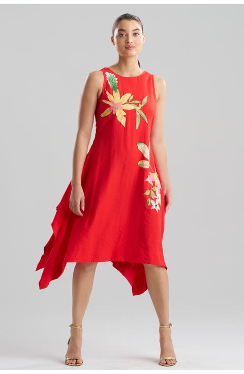 Solid Fluid Twill Hankerchief Hem Dress with Embellishment