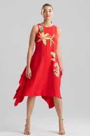 N Natori Solid Fluid Twill Hankerchief Hem Dress with Embellishment