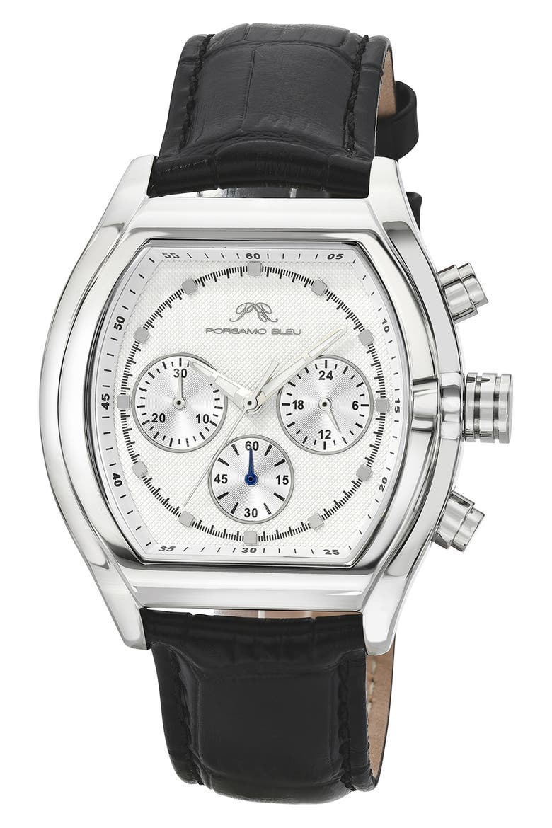 Roman Chronograph Croc Embossed Leather Strap Watch, 42mm, Main, color, BLACK