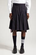Thom Browne 4-Bar Pleated Back Strap High-Low Wool Skirt