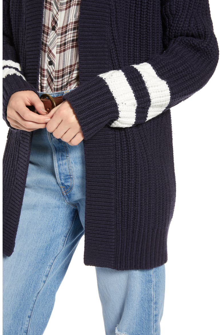 Stripe Detail Open Front Cotton & Wool Blend Cardigan, Alternate, color, NAVY- IVORY COMBO