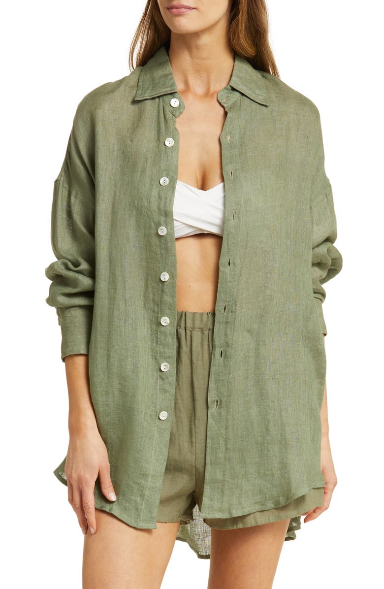 Vitamin A<sup>®</sup> Playa Oversize Linen Cover-Up Shirt, Main, color, Agave Eco Linen