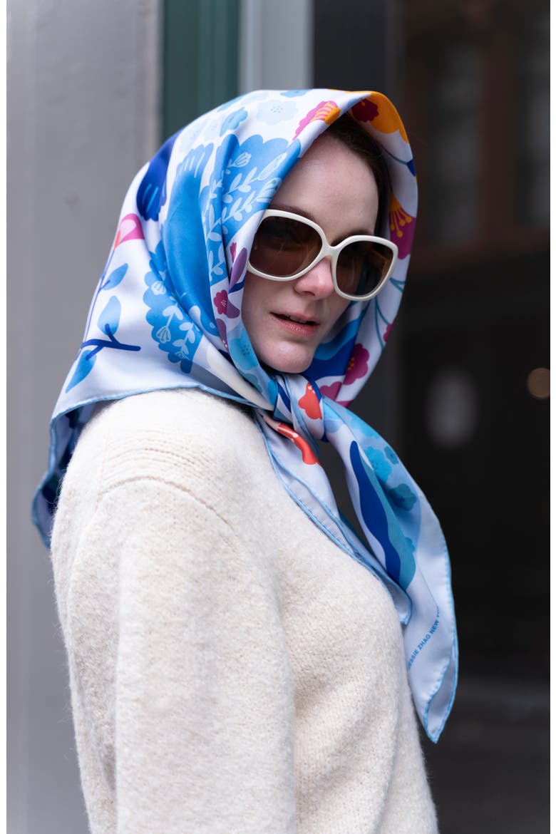 Double Sided Silk Scarf of Blue Birds, Alternate, color, Blue