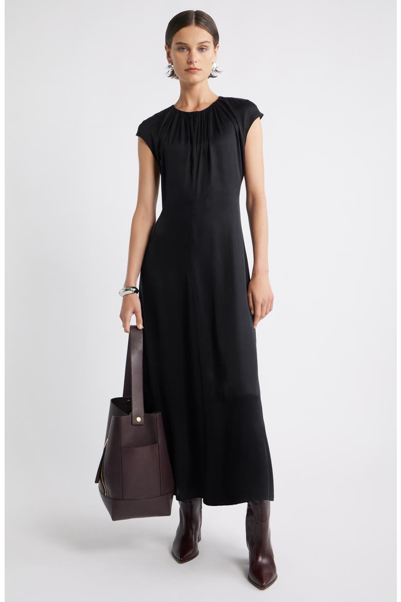 Shirred Cap Sleeve A-Line Dress, Alternate, color, BLACK
