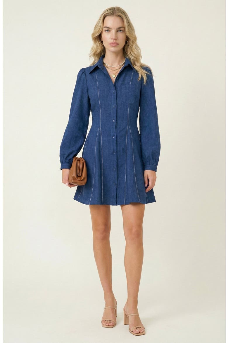 Long-Sleeve Denim Contrast-Stitching Flared-Hem Shirt Dress, Alternate, color, Blue