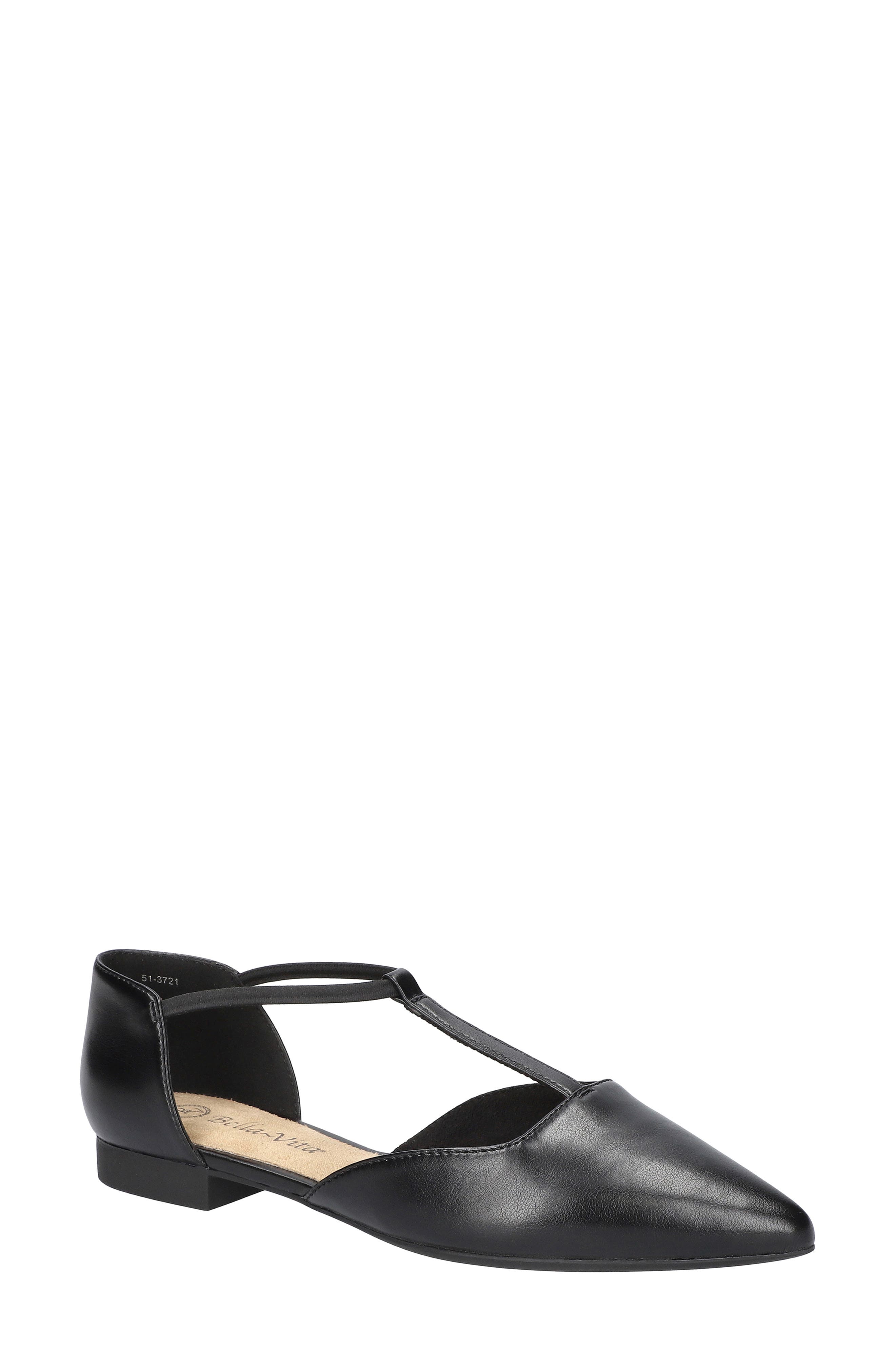 Bella Vita Darby Pointed Toe T-Strap Flat, Main, color, Black