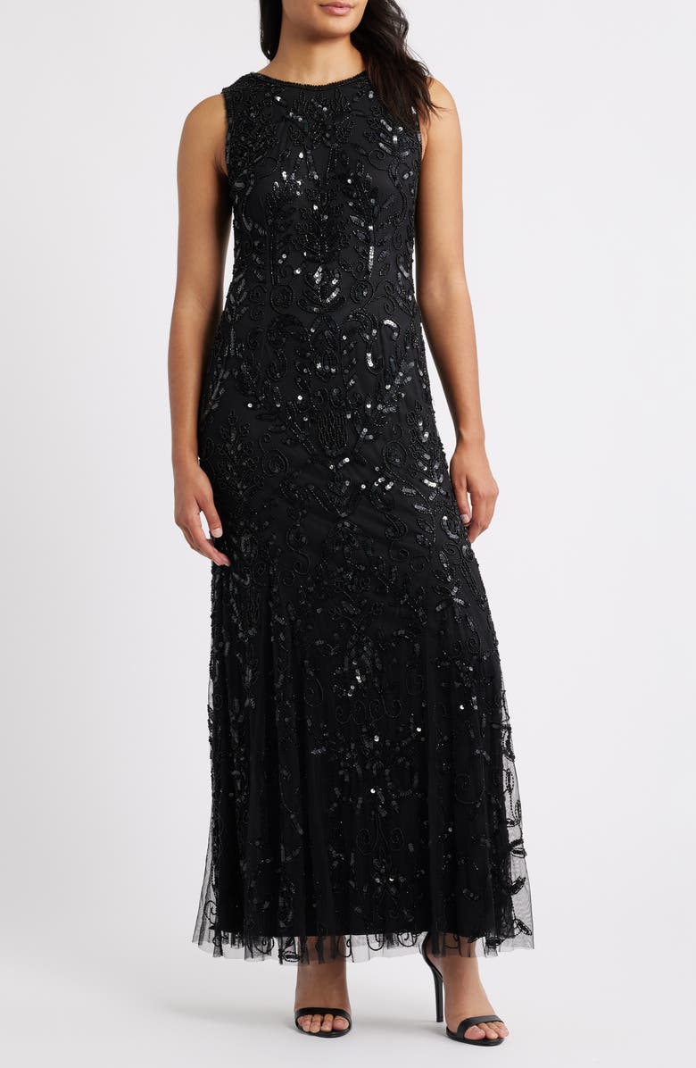 Pisarro Nights Beaded Sleeveless Gown, Main, color, Black