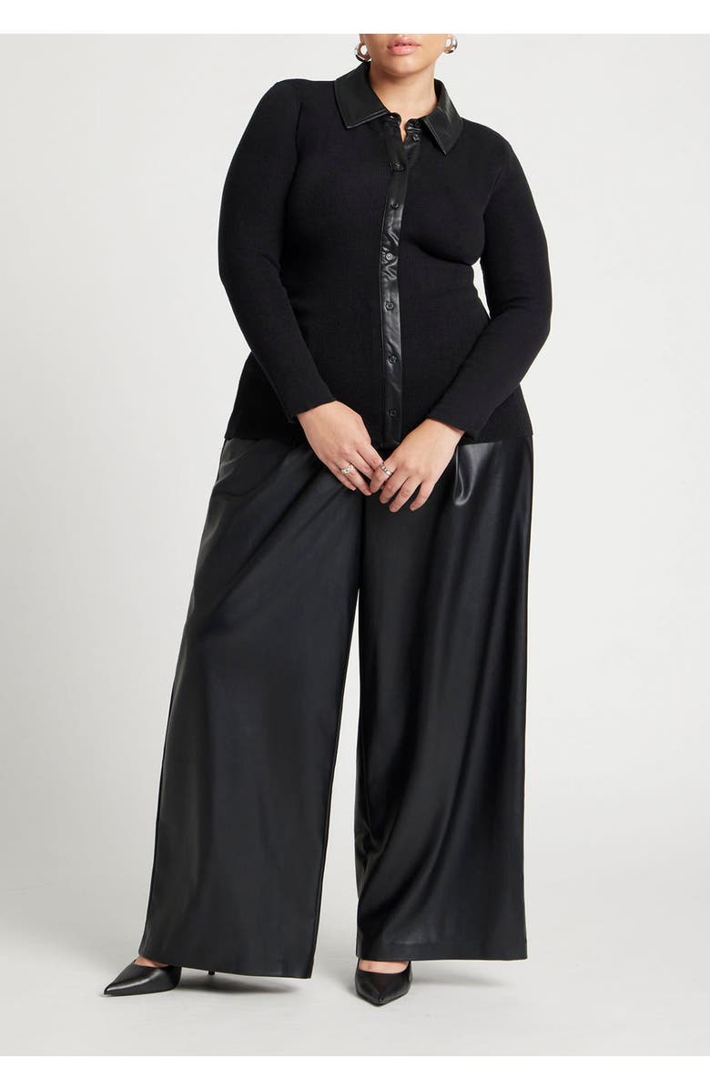 ELOQUII Faux Leather Detail Sweater, Alternate, color, Black Onyx