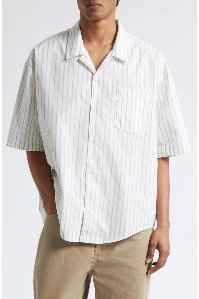 Ami de Coeur Stripe Boxy Camp Shirt, Main, color, BLANC/ MATCHA