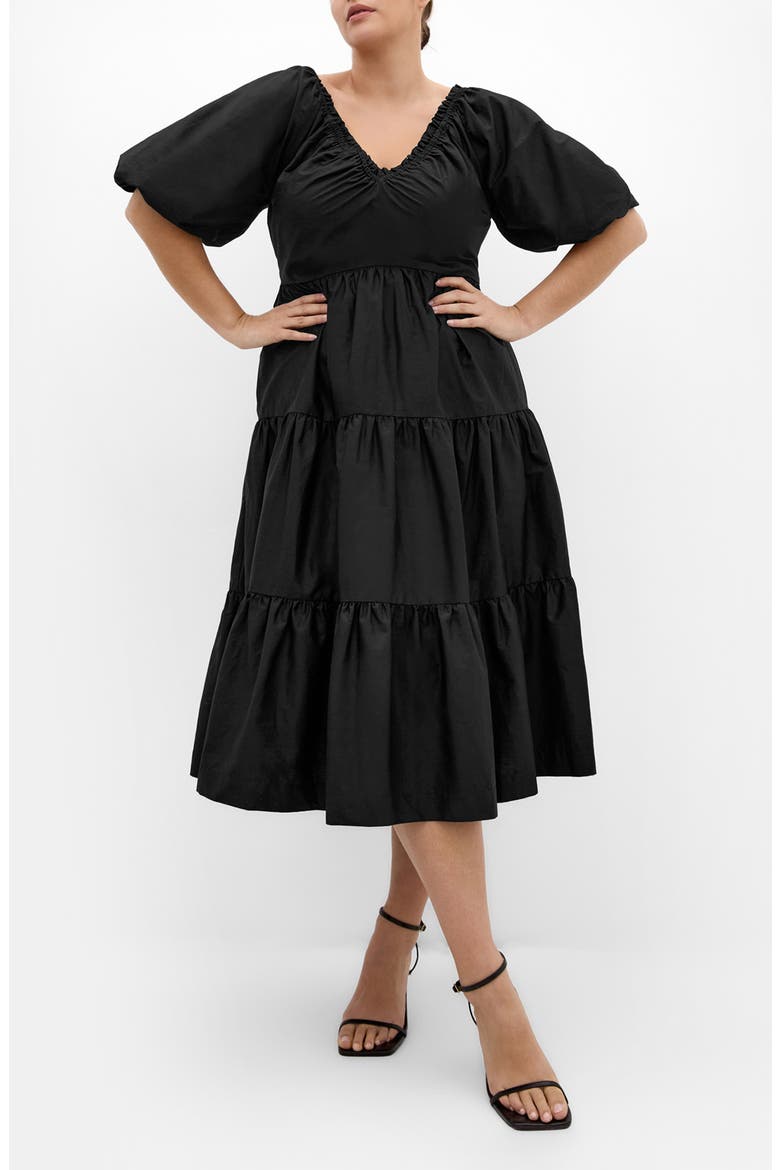 Fantasy Tiered Puff Sleeve Midi Dress, Main, color, BLACK