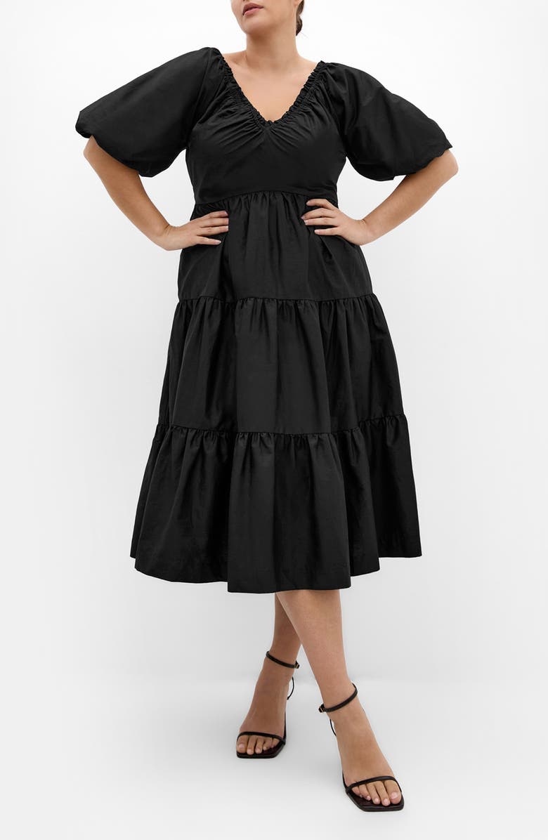 City Chic Fantasy Tiered Puff Sleeve Midi Dress, Main, color, Black