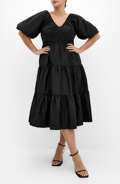 Fantasy Tiered Puff Sleeve Midi Dress (Plus)