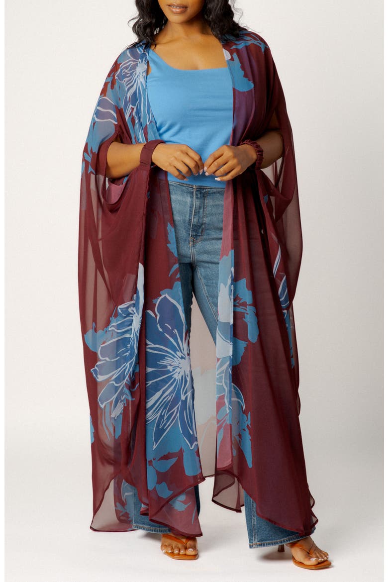 Floral Robe with Wristband, Main, color, BROWN MULTI