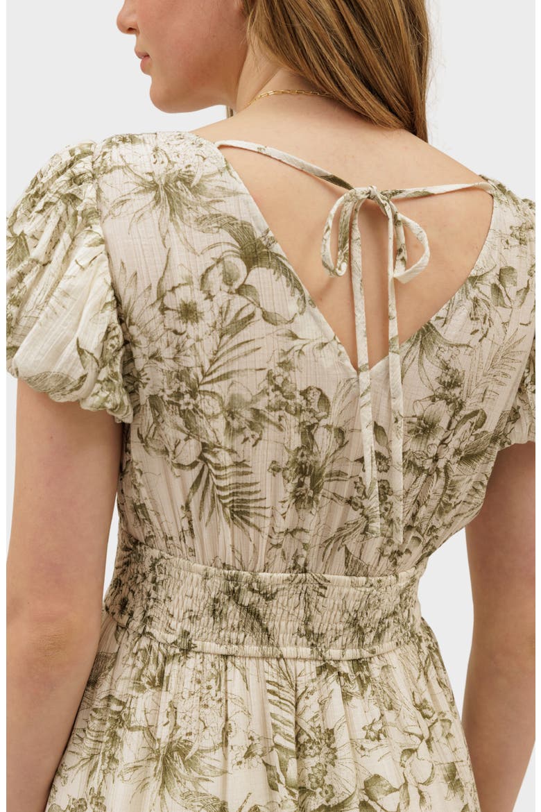 Floral Puff Sleeve Tiered Midi Dress, Alternate, color, OLIVE MULTI