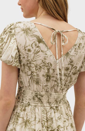 Floral Puff Sleeve Tiered Midi Dress