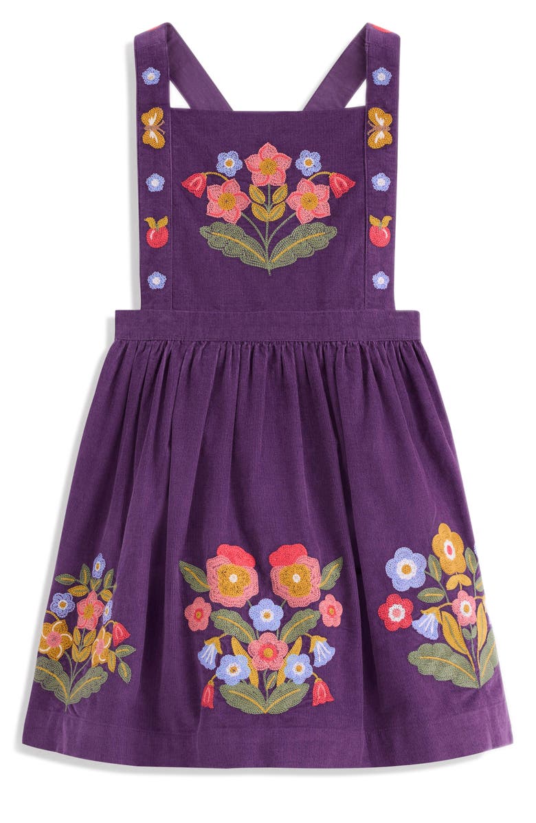 Mini Boden Kids' Embroidered Corduroy Pinafore Dress, Main, color, Mystical Purple Embroidery