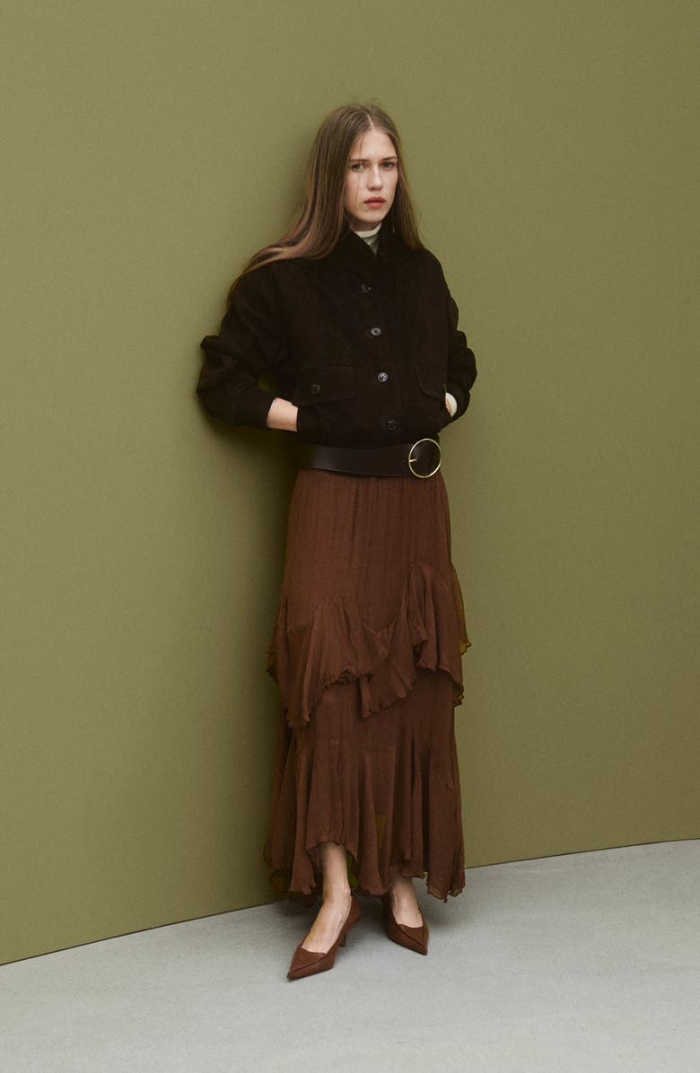 MANGO Ruffled Chiffon Maxi Skirt, Alternate, color, Brown