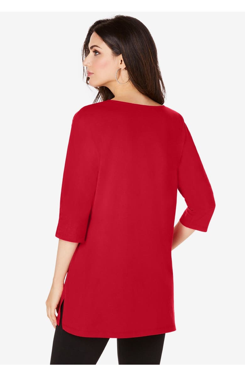 Roaman's Plus Size Three Quarter Sleeve Embellished Tunic, Alternate, color, Blue Sparkle Snowflakes