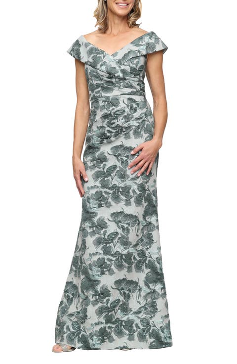 Floral Jacquard Ruched Off the Shoulder Gown (Petite)