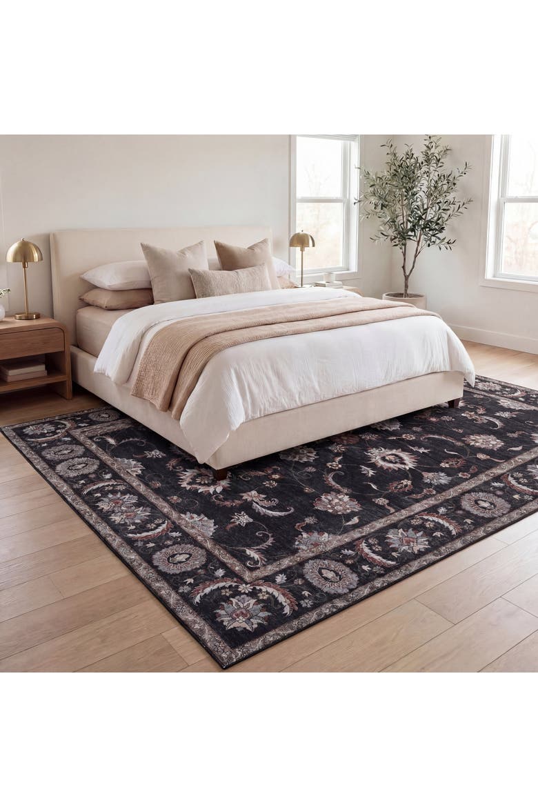 Arabella Vintage Floral Border Non-Slip Machine-Washable Dark Gray/Multi 4 ft. x 6 ft. Area Rug, Alternate, color, Dark Gray/Multi