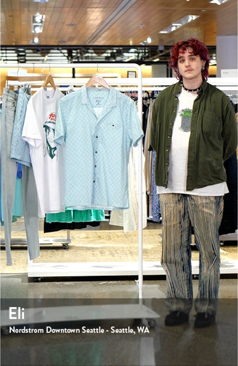 Medallion Print Performance Short Sleeve Button-Up Camp Shirt, sales video thumbnail