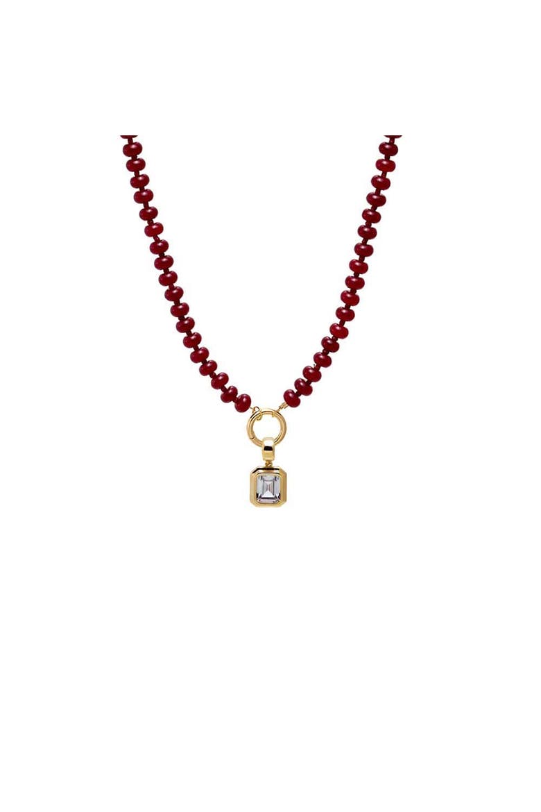 Colored Natural Stone Beaded /CZ Emerald Bezel Charm Necklace, Main, color, Red