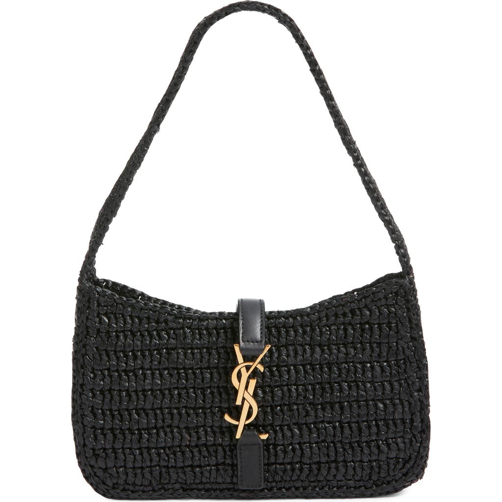Saint Laurent Mini Le 5 À 7 Raffia Shoulder Bag In Black