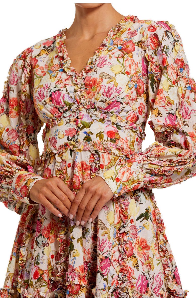 Mac Duggal Ruffle Floral V Neck Cotton Mini Dress, Alternate, color, Pink Multi