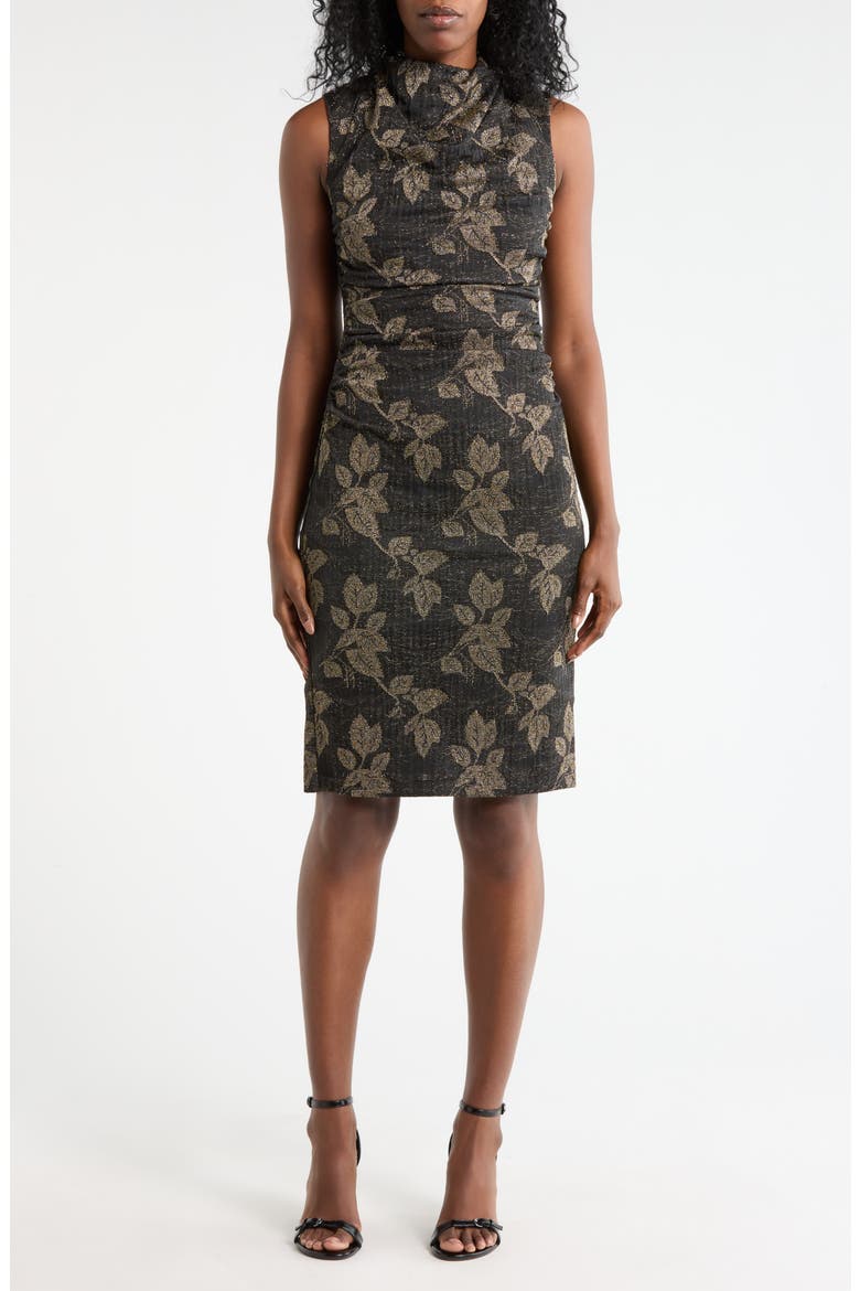 Metallic Leaf Print Bodycon Dress, Main, color, BLACK GOLD