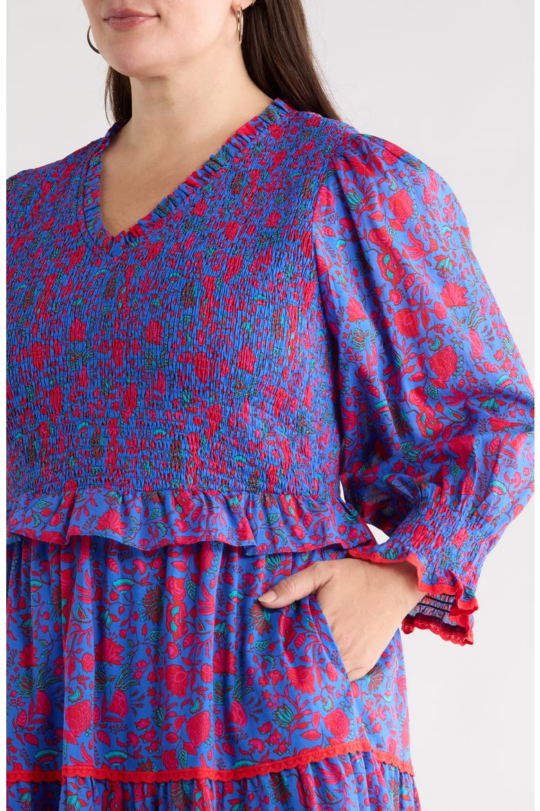 Tanya Floral Print Smocked Maxi Dress, Alternate, color, BLUE-FUCHSIA
