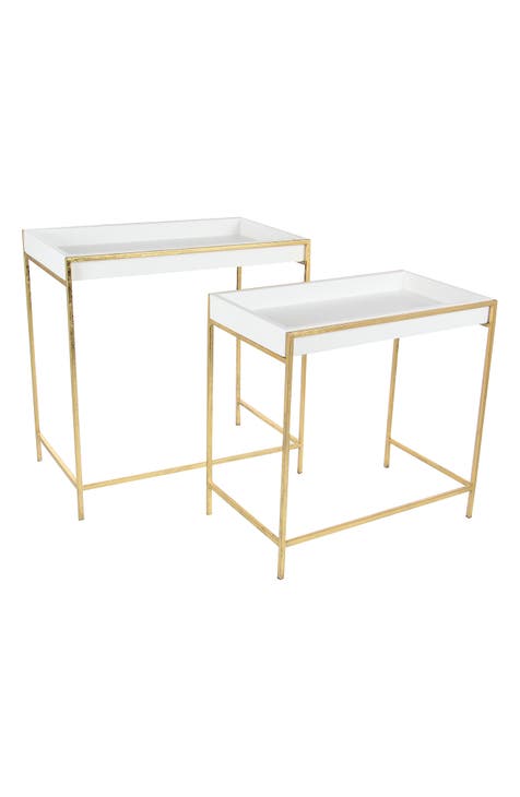 White Wood Nesting Geometric Console Table with Goldtone Metal Legs - Set of 2