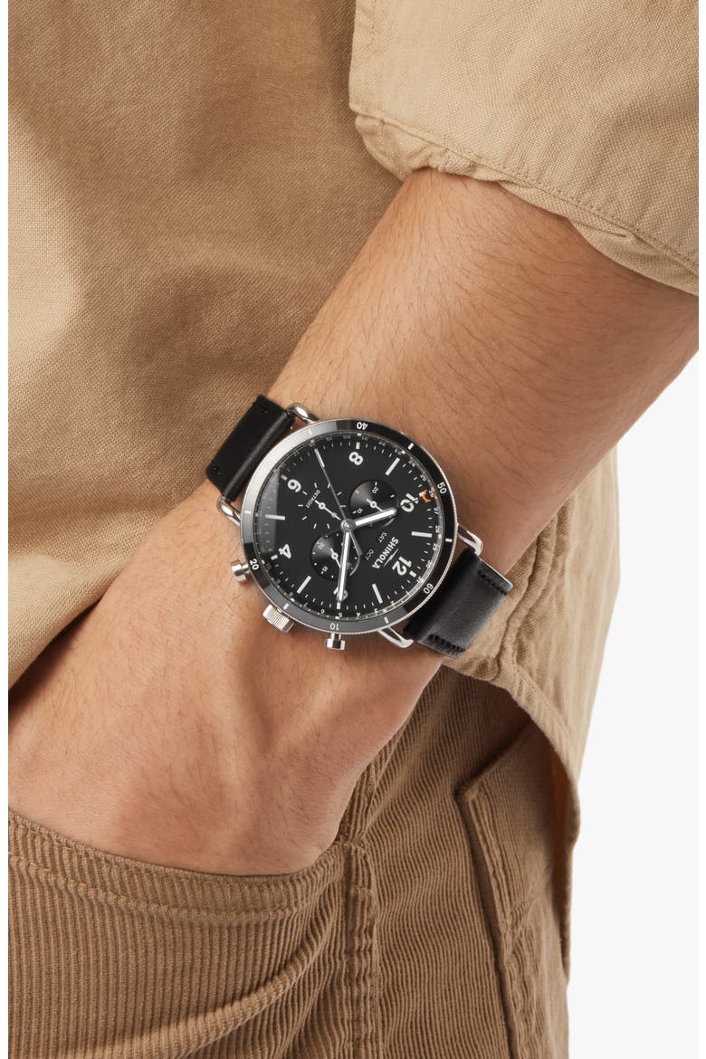 Canfield Sport Chronograph Leather Strap Watch, 45mm, Alternate, color, BLACK/ SILVER