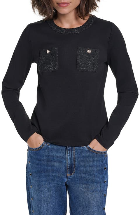 Ponte Long Sleeve Top with Button Pockets
