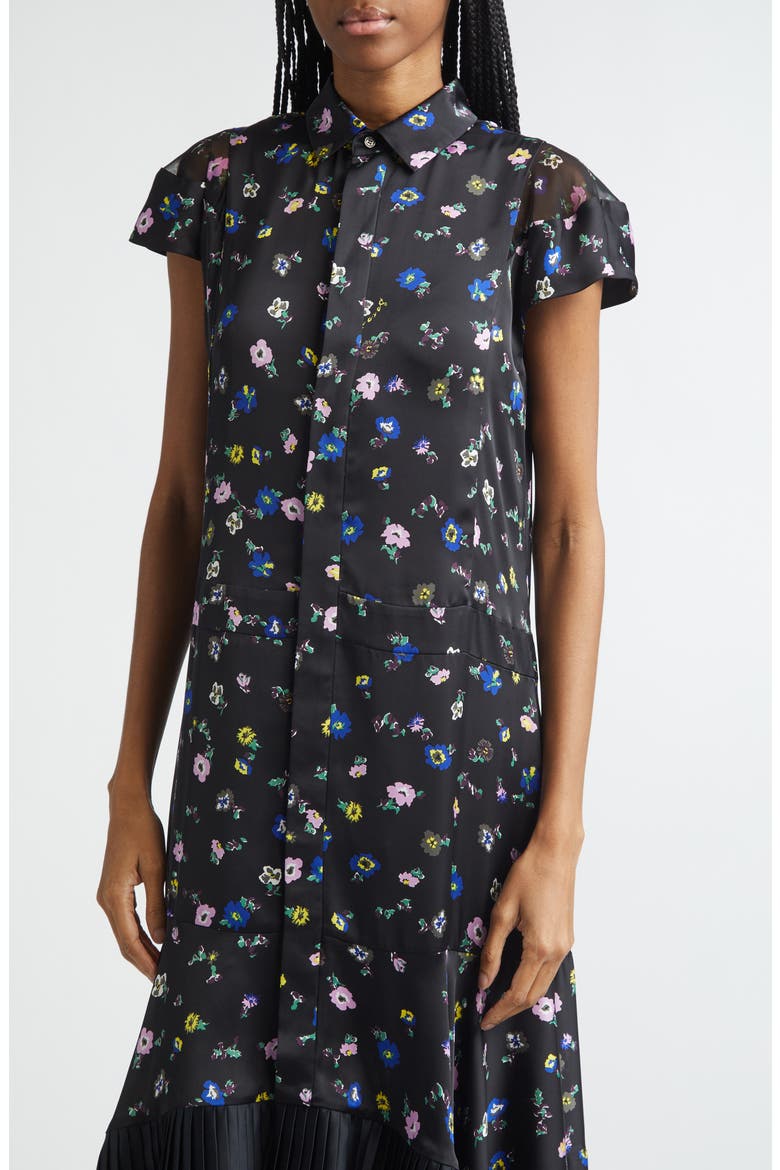Floral Print Satin Shirtdress, Alternate, color, BLACK