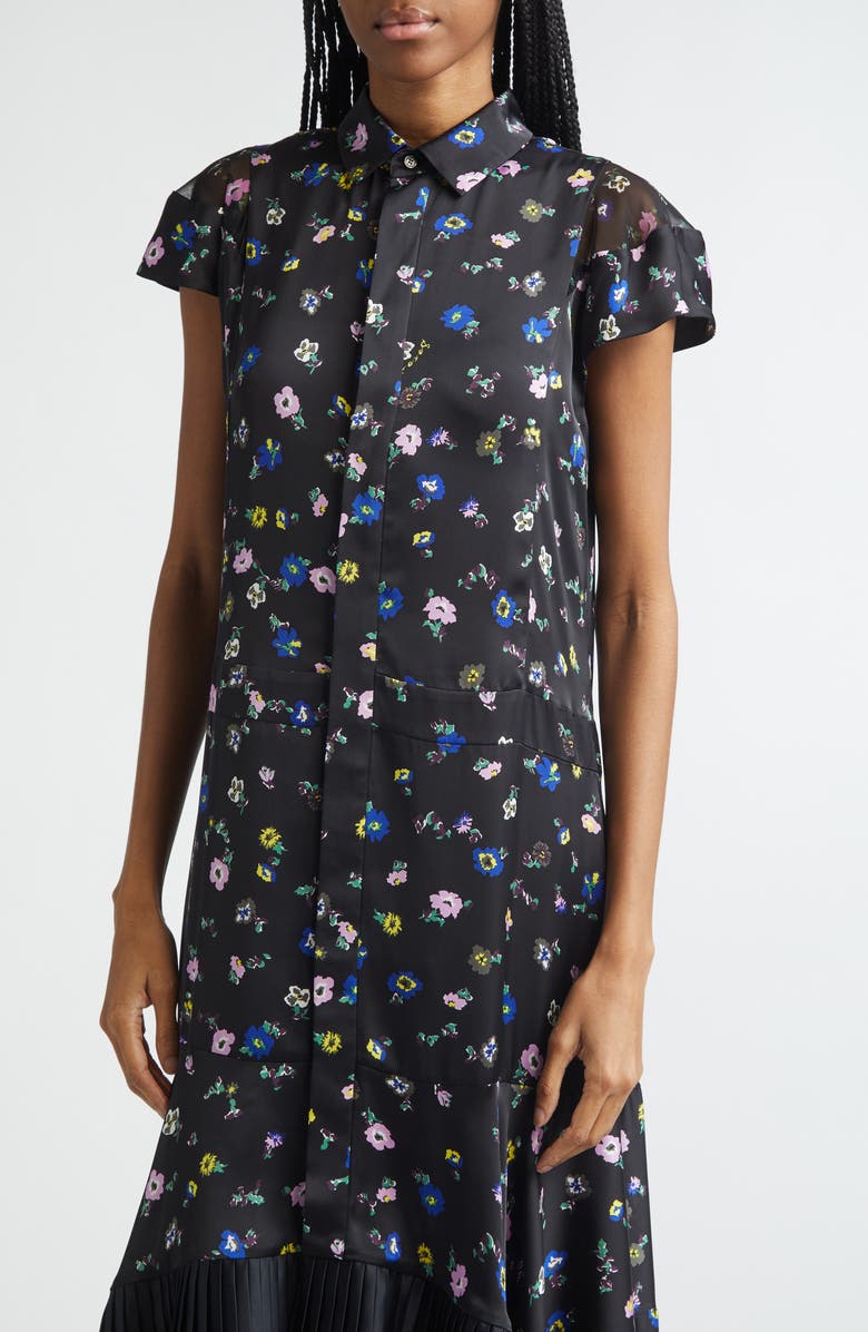 Sacai Floral Print Satin Shirtdress, Alternate, color, Black