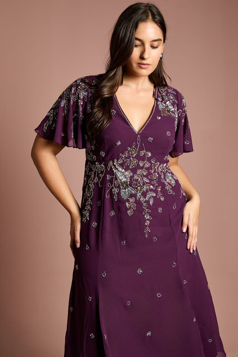 Plus Floral Embellished Midi Dress, Alternate, color, Wine