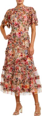 Mac Duggal Floral Flutter Sleeve Mesh Print Dress