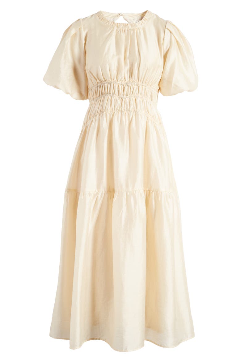 Puff Sleeve Shirred A-Line Dress, Alternate, color, CREAM