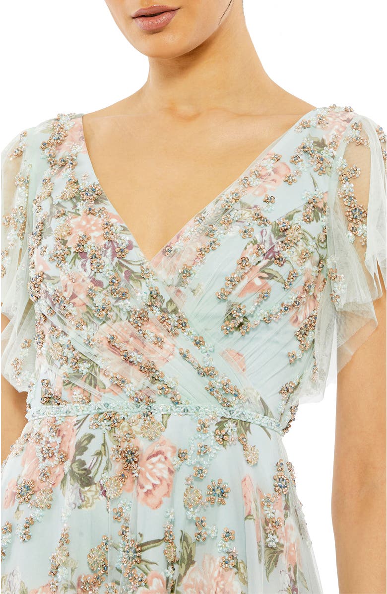 Mac Duggal Embellished Floral Gown with Mesh Flutter Sleeves, Beaded Waist & Pleated Bodice, Alternate, color, Blue Multi