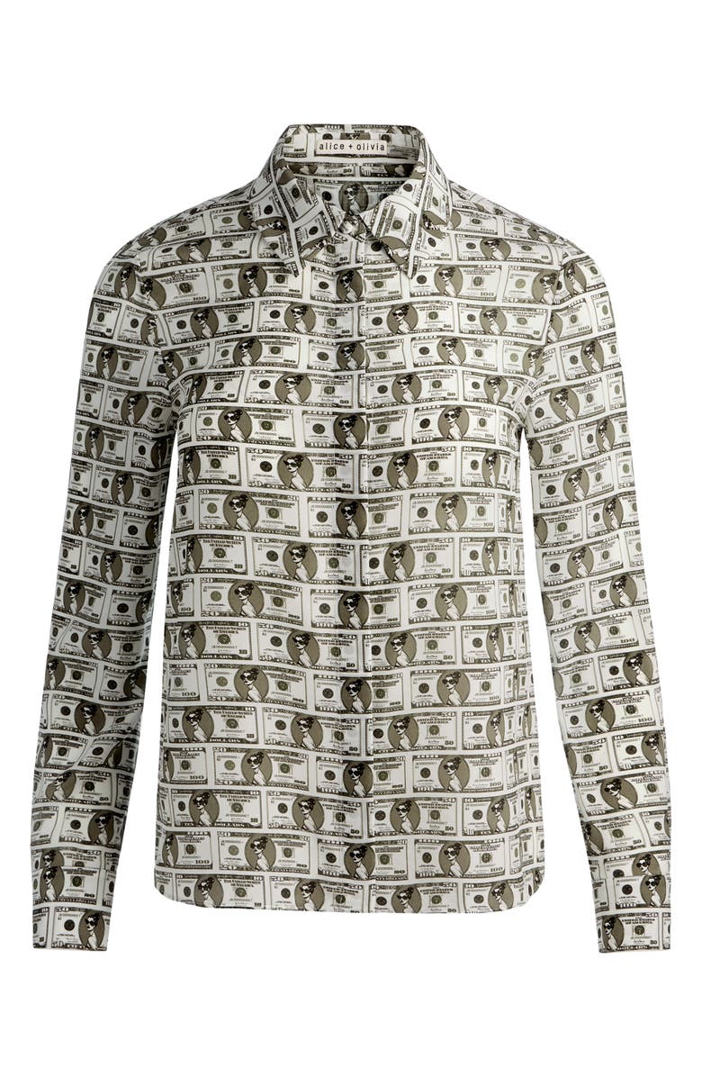 Alice + Olivia Willa Staceface Button-Up Silk Shirt, Alternate, color,