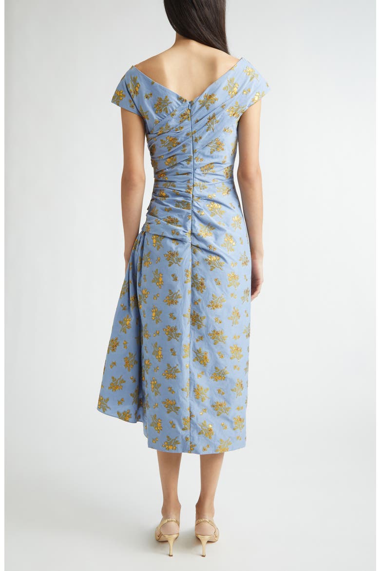 Metallic Floral Ruched Cotton Blend Jacquard Cocktail Dress, Alternate, color, BLUEBELL