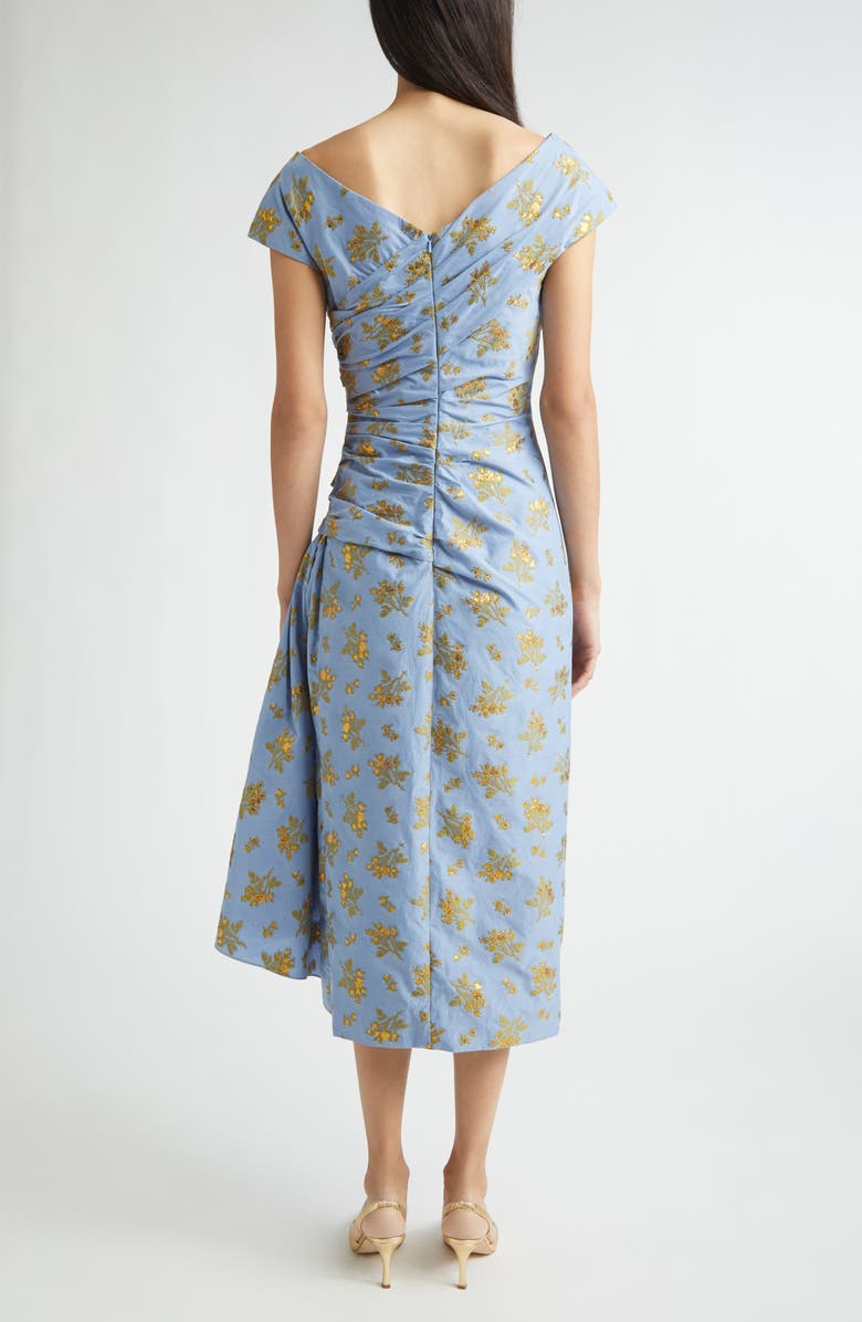 Lela Rose Metallic Floral Ruched Cotton Blend Jacquard Cocktail Dress, Alternate, color, Bluebell