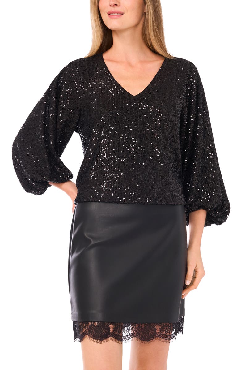 Vince Camuto Sequin Balloon Sleeve Top, Main, color, Rich Black
