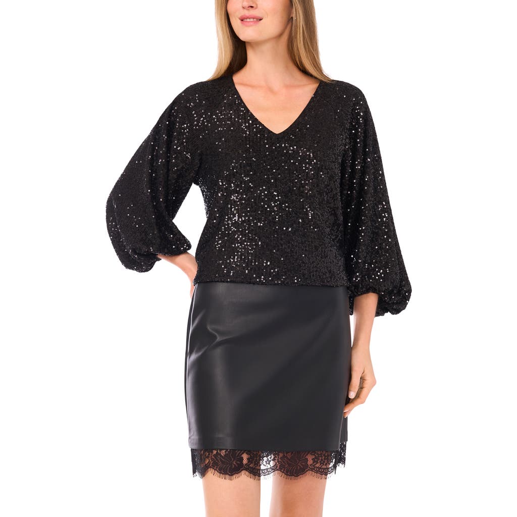 Vince Camuto Sequin Balloon Sleeve Top In Black