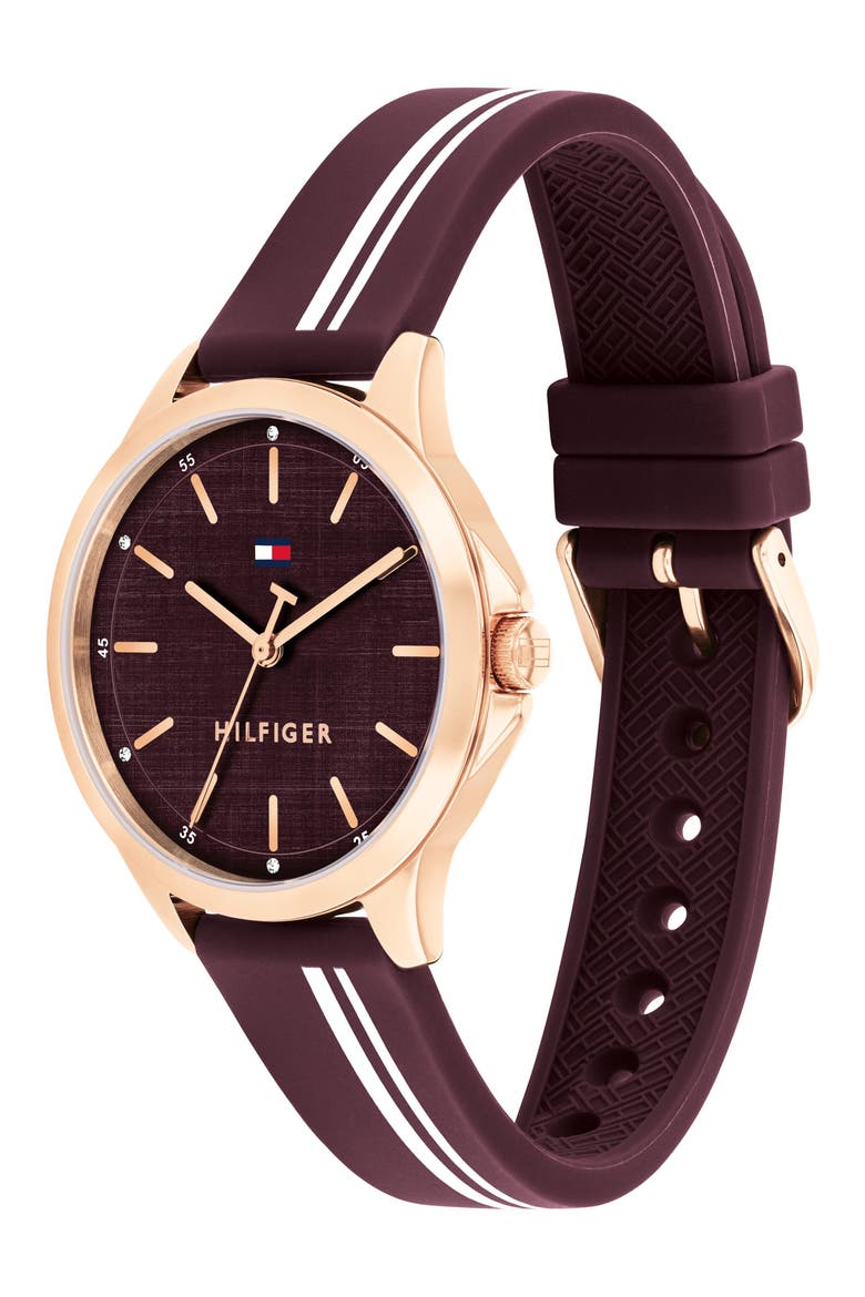 Chloe Crystal Accent Silicone Strap Watch, Alternate, color, BURGUNDY