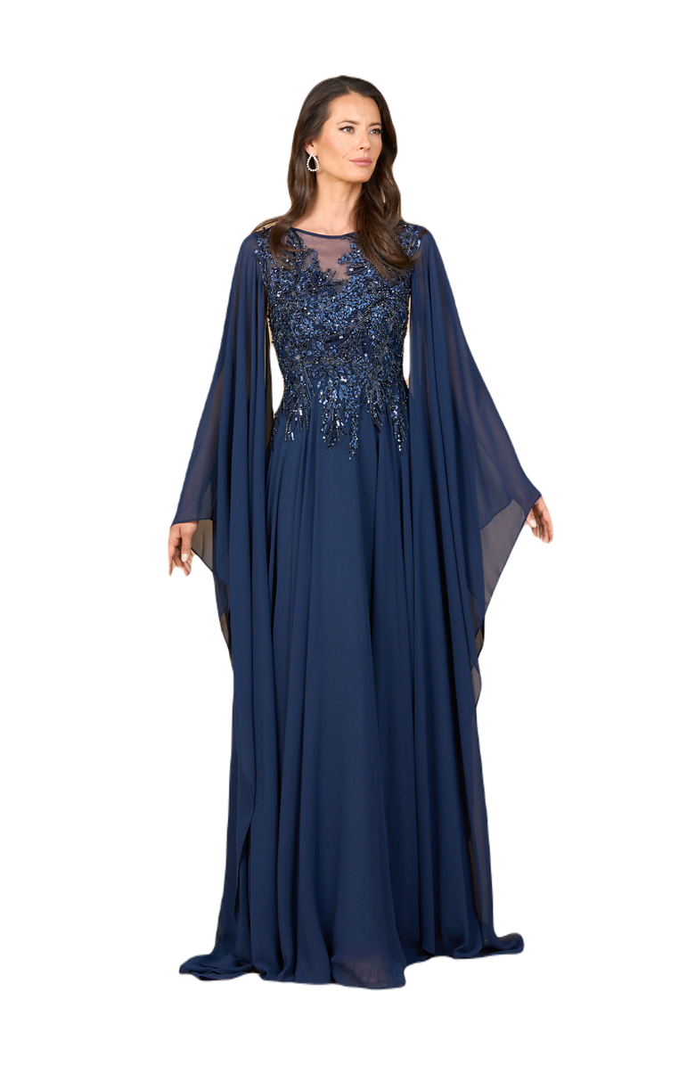 LARA New York Chiffon A - line Long Gown with Cape Sleeves, Main, color, Navy