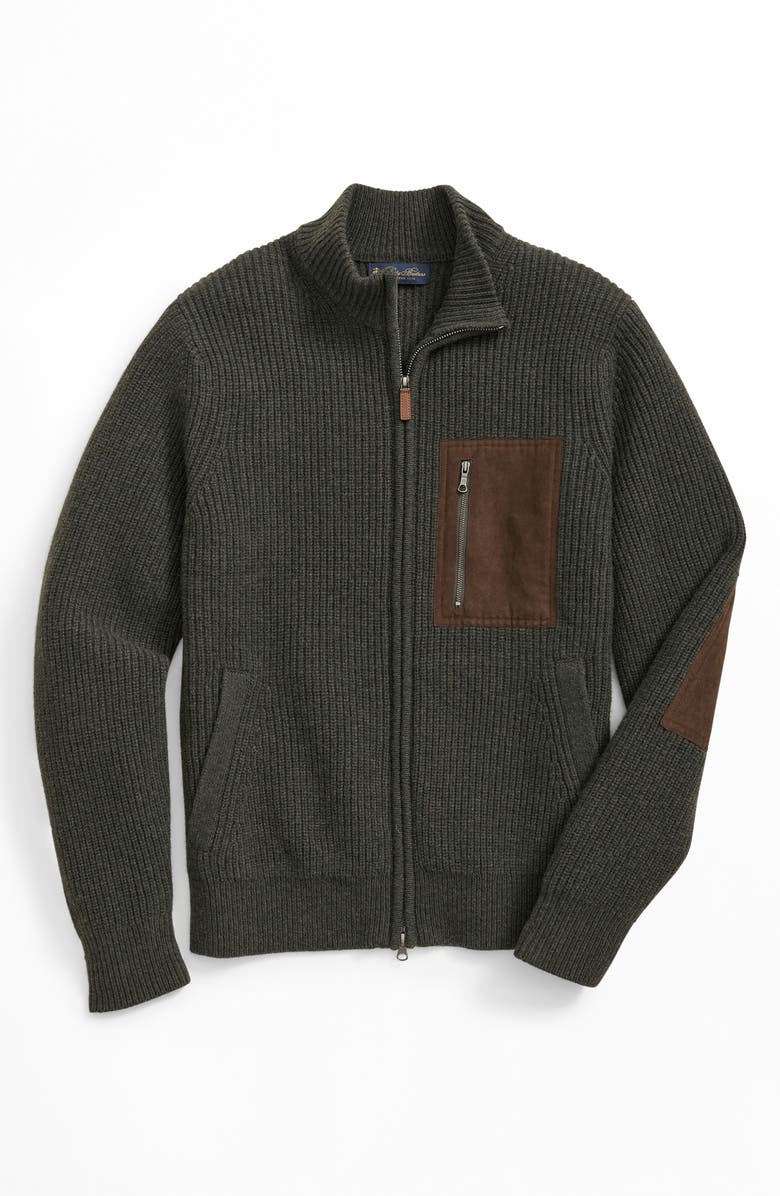 Brooks Brothers Rib Wool Military Zip Cardigan, Main, color, Seaweed